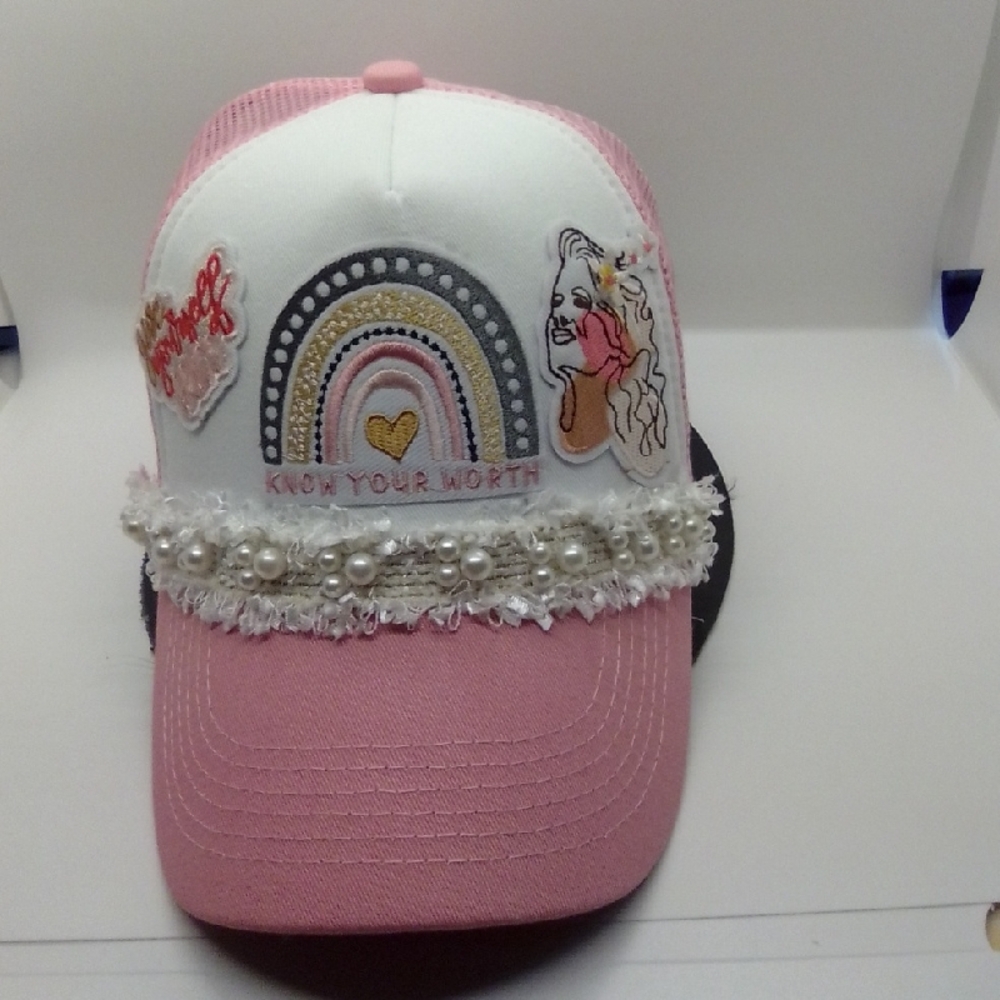 Pink and White Cap with Embellishments